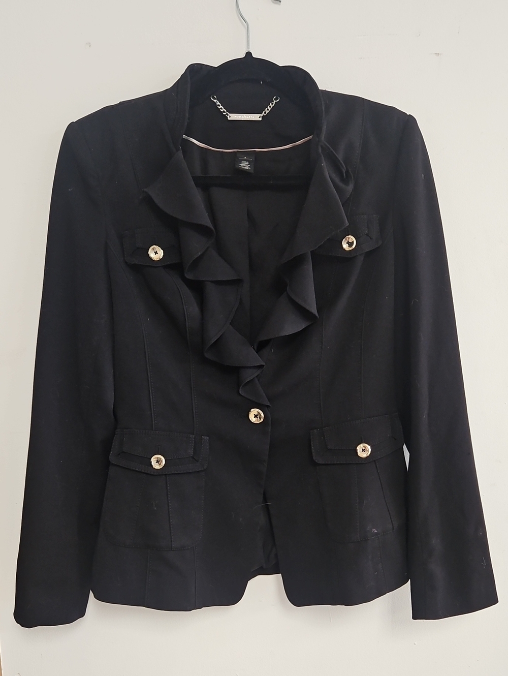 White House Black Market Black Ruffle-Front Blazer with Gold Buttons